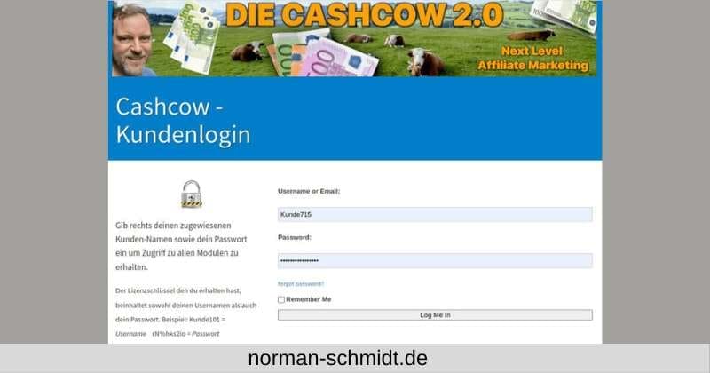 Meine Cashcow Erfahrungen - Login Bildschirm der Cashcow